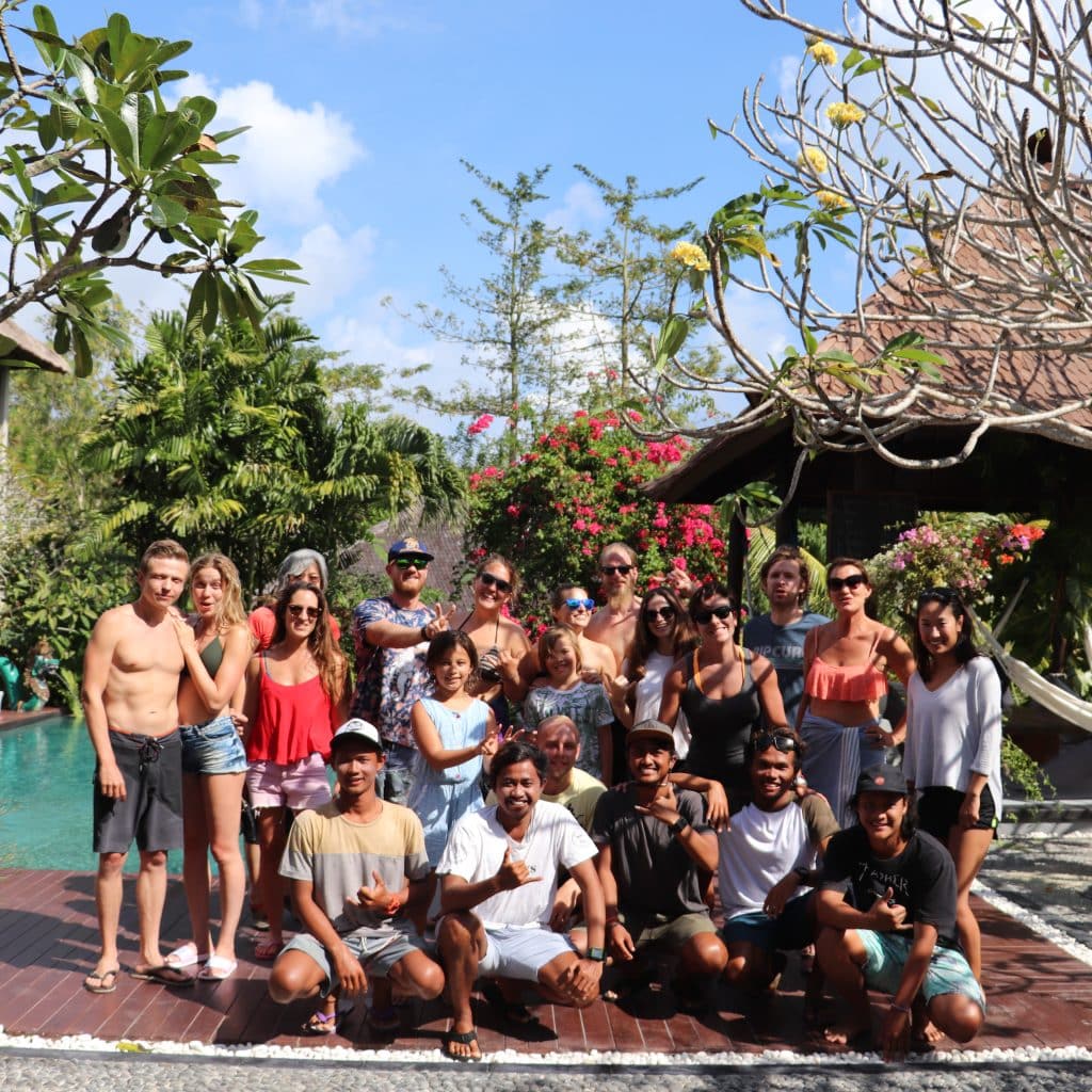 Group photo of Padang Padang Surf Camp family and guest.