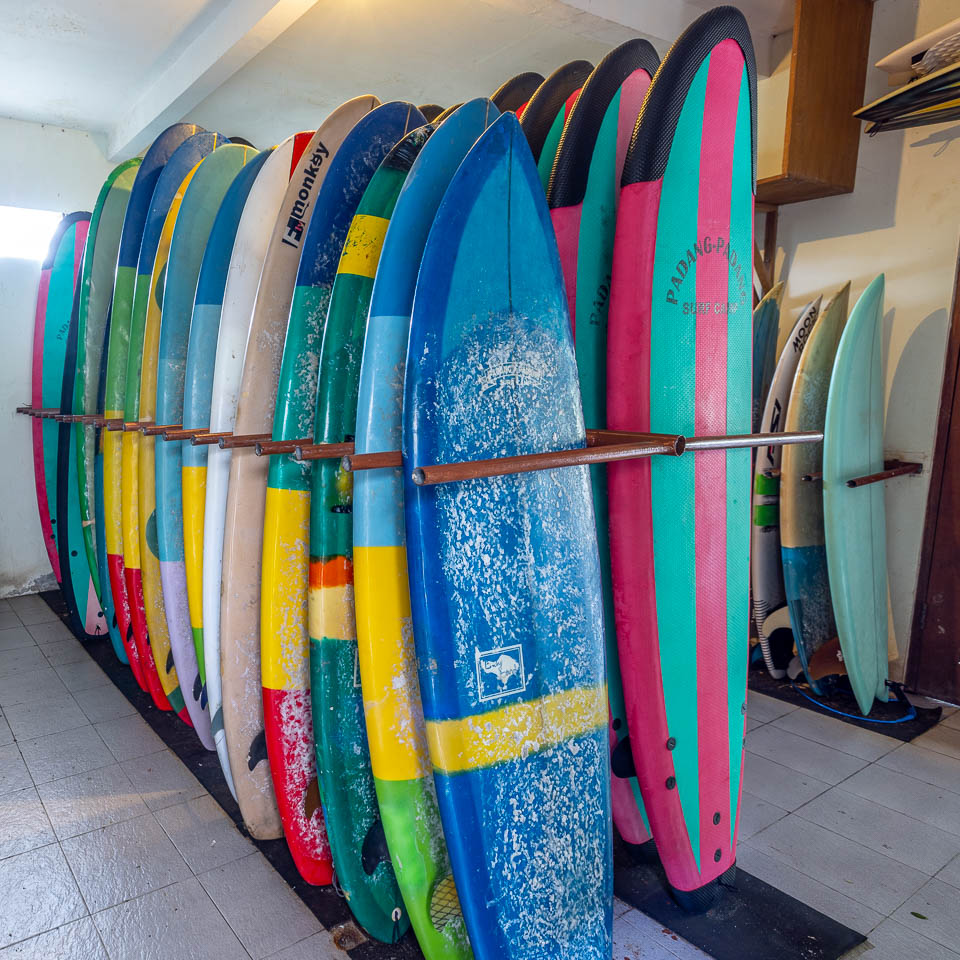 Surfboards at Padang Padang Surf Camp.