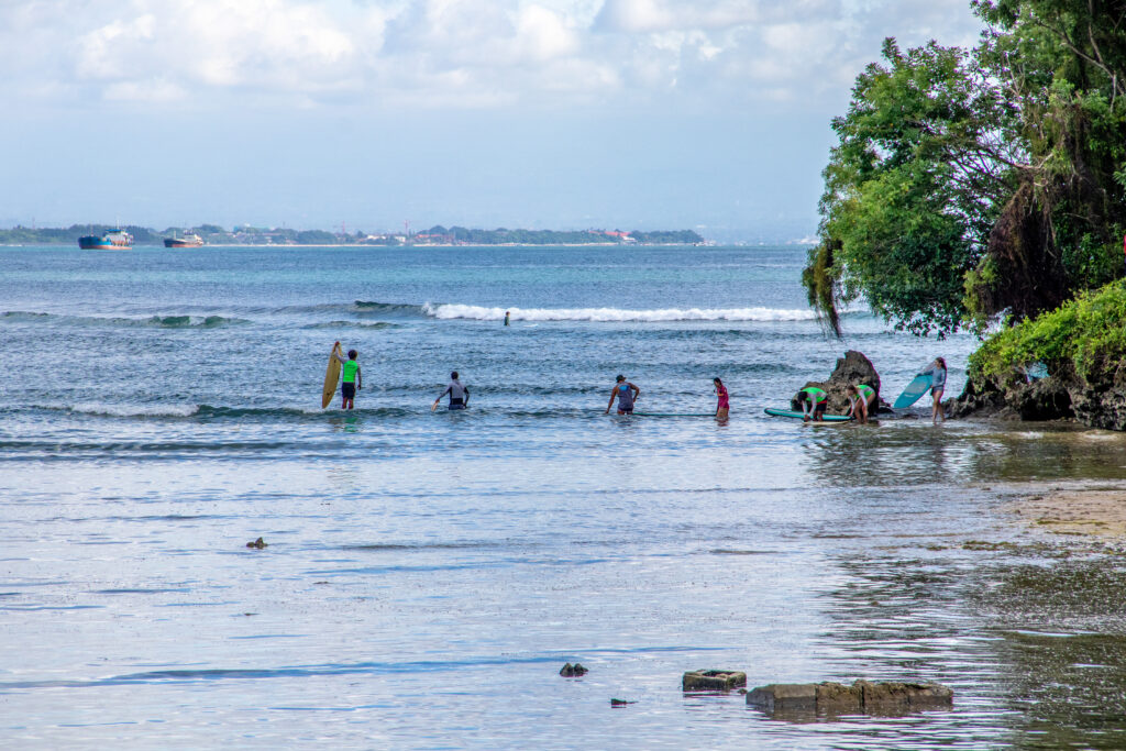 Surfers walking out to the wave at Mushroom Secrets.